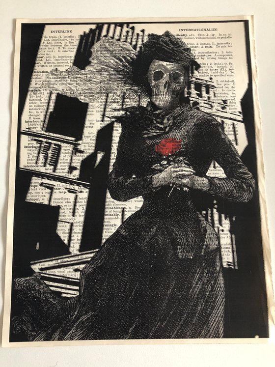 Death Walking on The Streets - Collage Art Print on Large Real English Dictionary Vintage Book Page