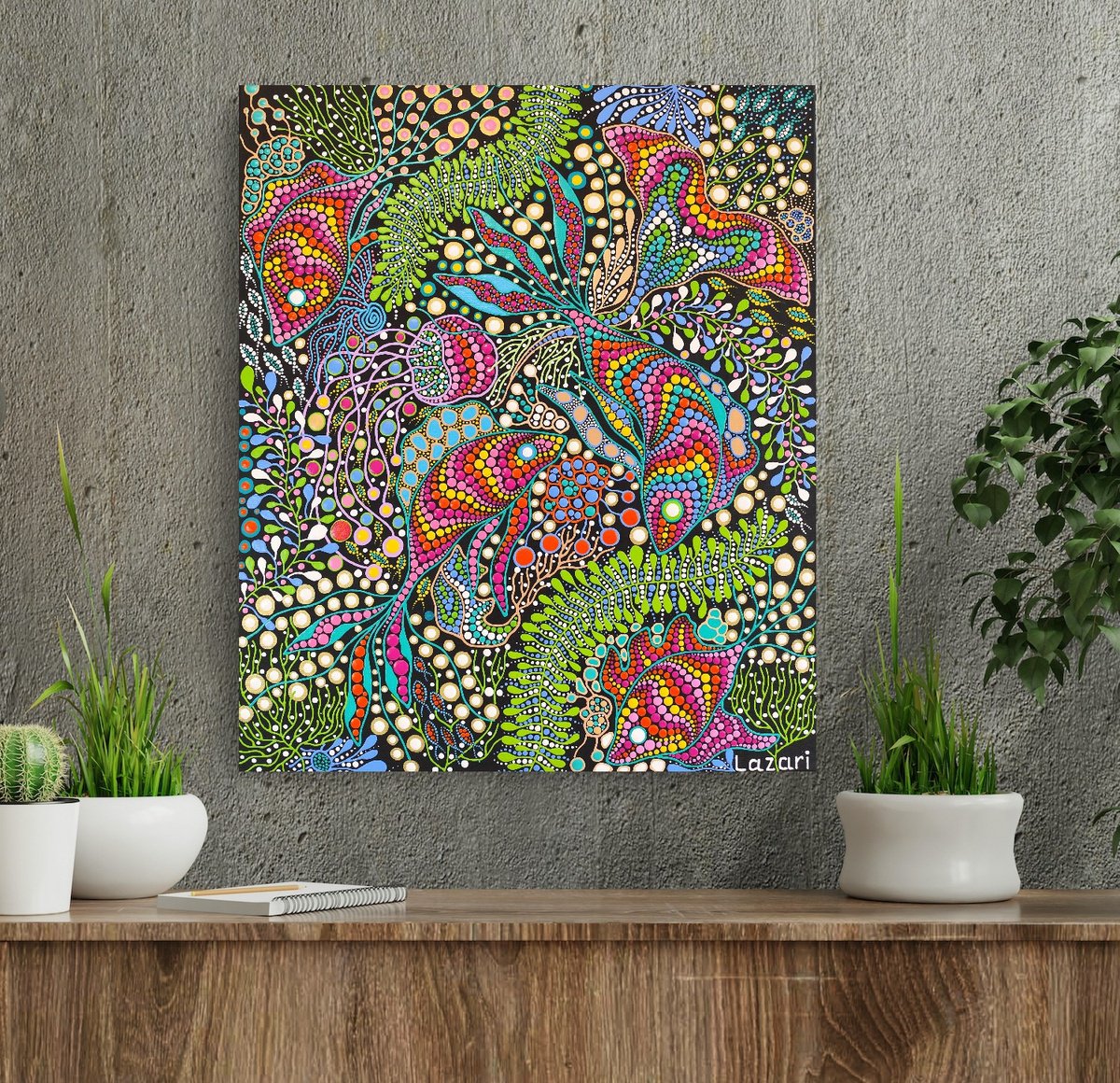 Expressive Landscape Acrylic Painting By Oxana Lazari, 20 X 24", Beneath The Waves, Original Artwork