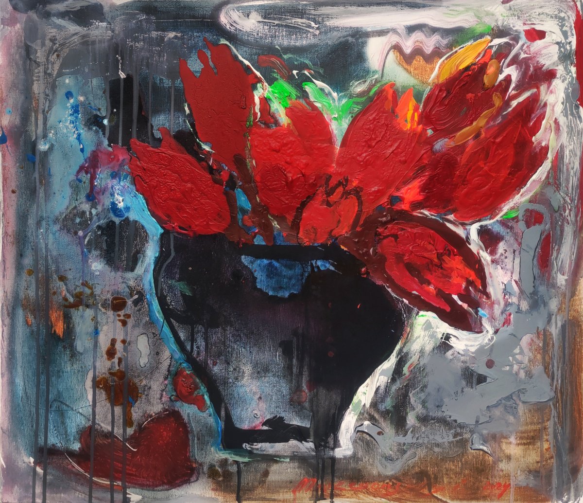 Impressionistic Botanical Acrylic Painting By Pavlo Makedonskyi, 29 X 25", Red Flowers, Original Artwork