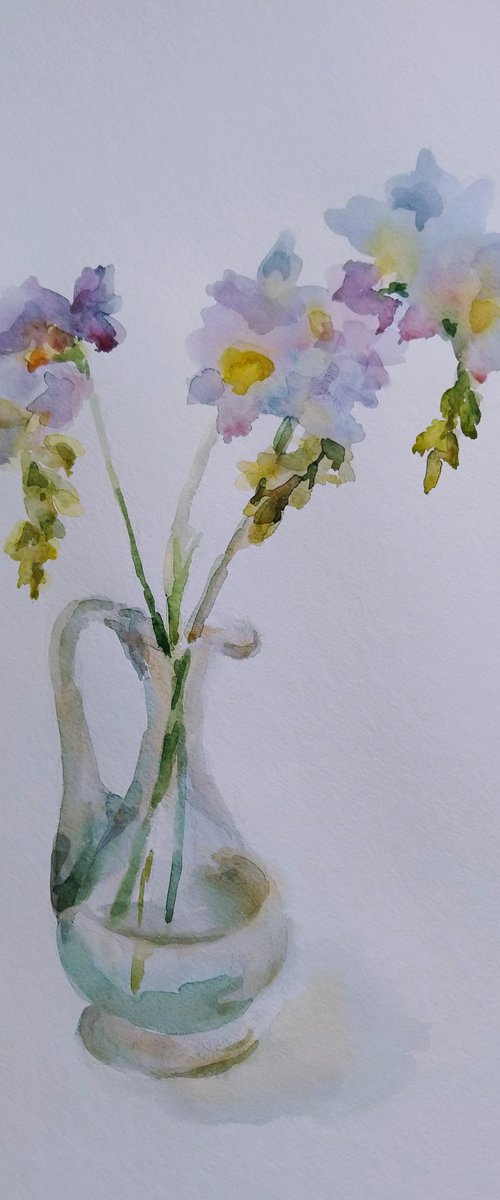 Little bunch of freesias. Original watercolour painting. by Elena Klyan