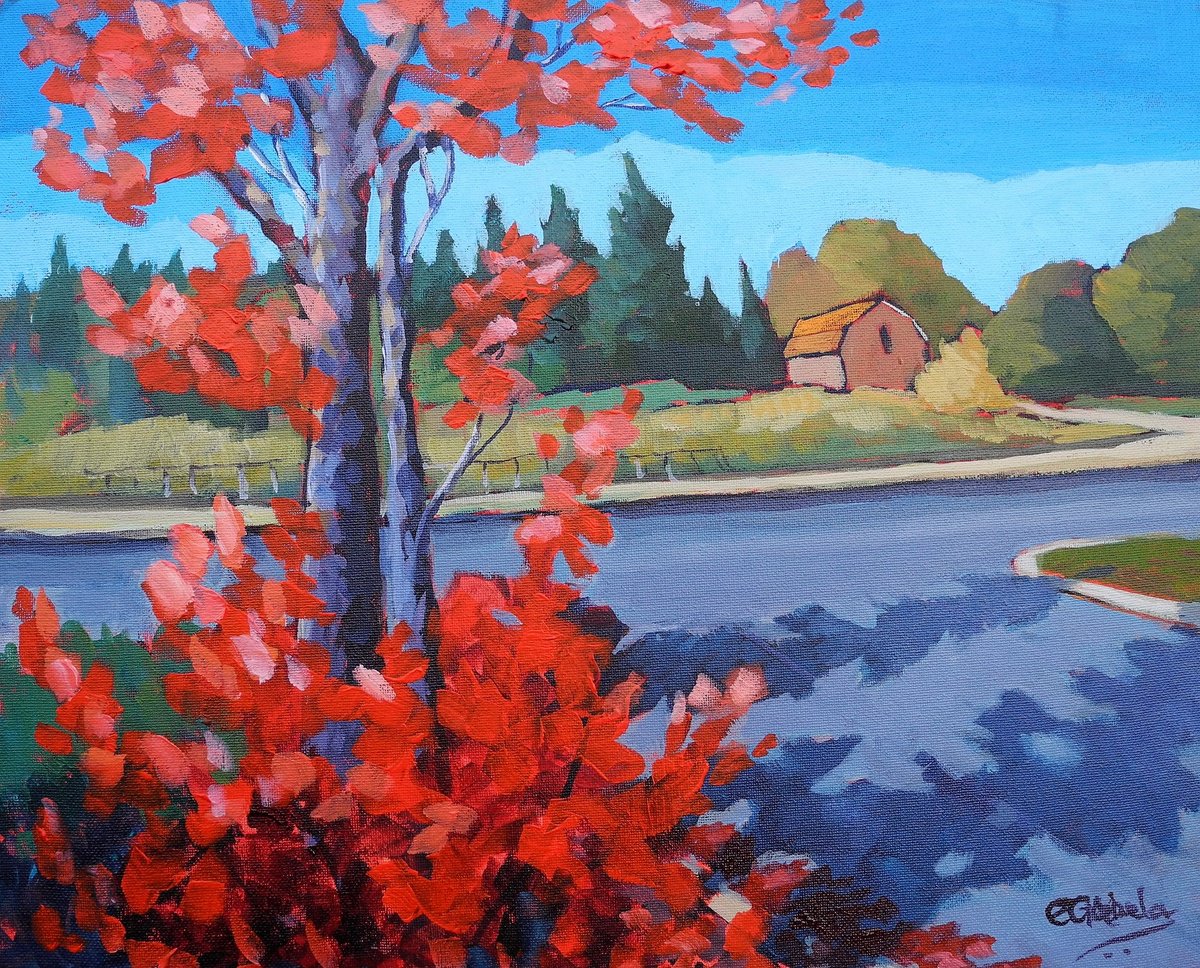 Impressionistic Landscape Acrylic Painting By Edward Abela, 20 X 16, Fall Colours In Markham, Original Artwork