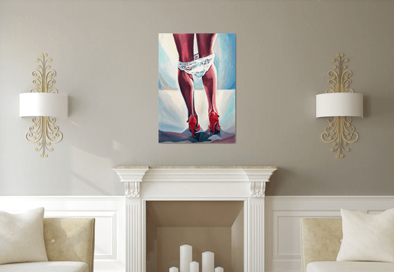 RED HEELS - erotic art original oil painting woman legs underneath red heels pop art office art decor home decor gift idea