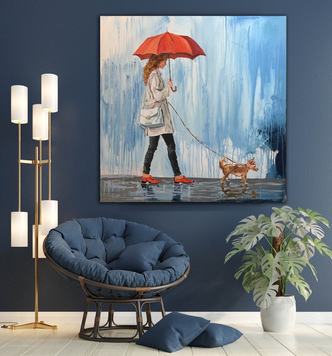 Impressionistic Portrait Acrylic Painting By Vita Schagen, 39 X 39", Woman With A Dog., Original Artwork