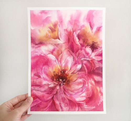 Pink peony bouquet, small watercolor painting by Olga Grigo