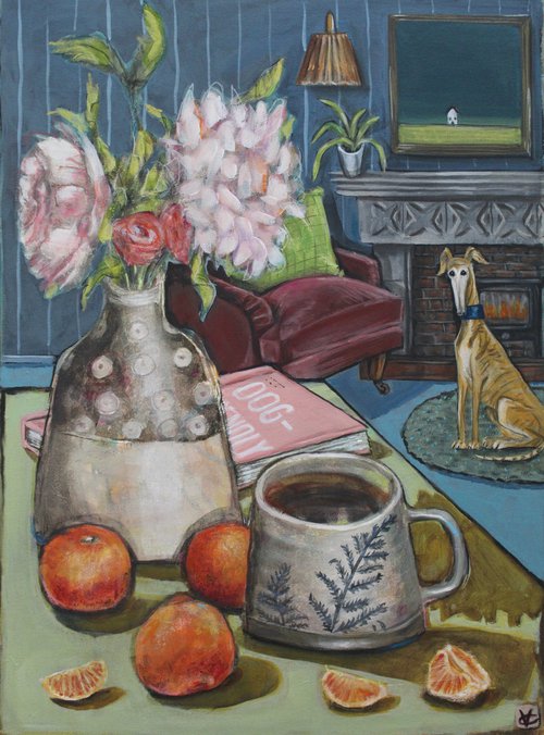 Still Life painting called Coffee and Clementines With Clarence by Victoria Coleman