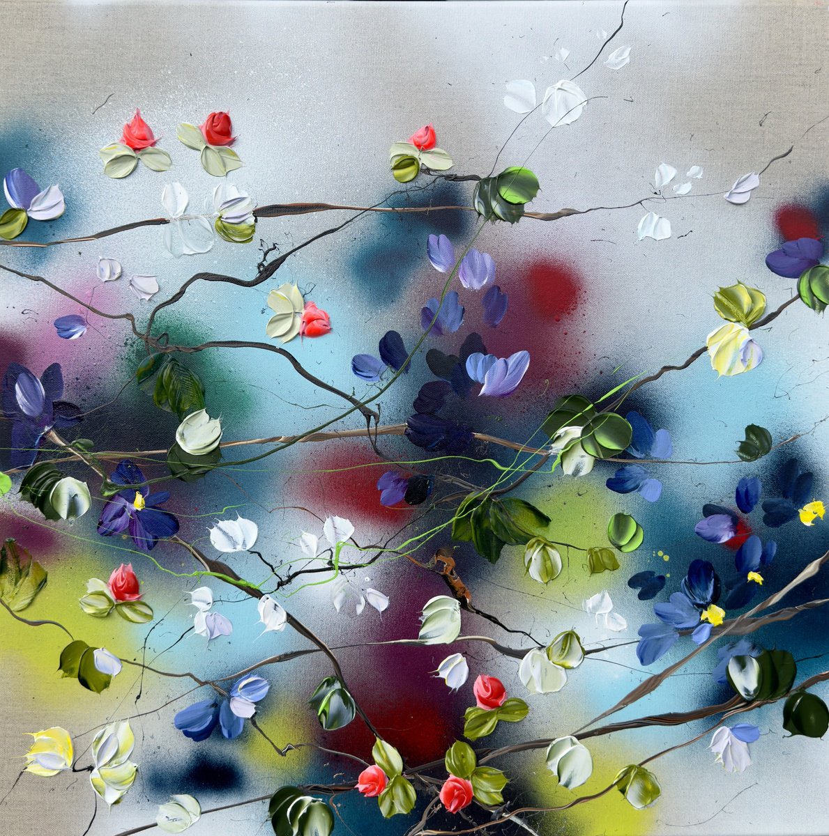 Expressive Botanical Acrylic Painting By Anastassia Skopp, 24 X 24, Petals In Flight Ii, Original Artwork