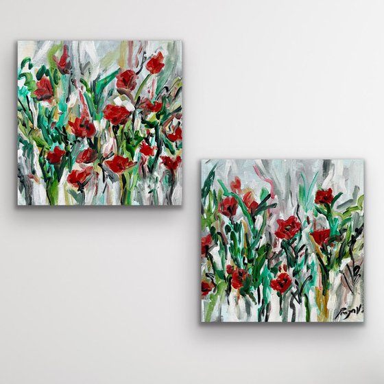 Crimson Red Spring Blooms - Diptych