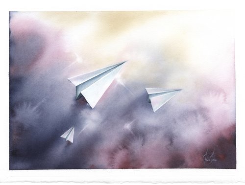 Promises II - Origami Paper Plane Watercolor by ieva Janu
