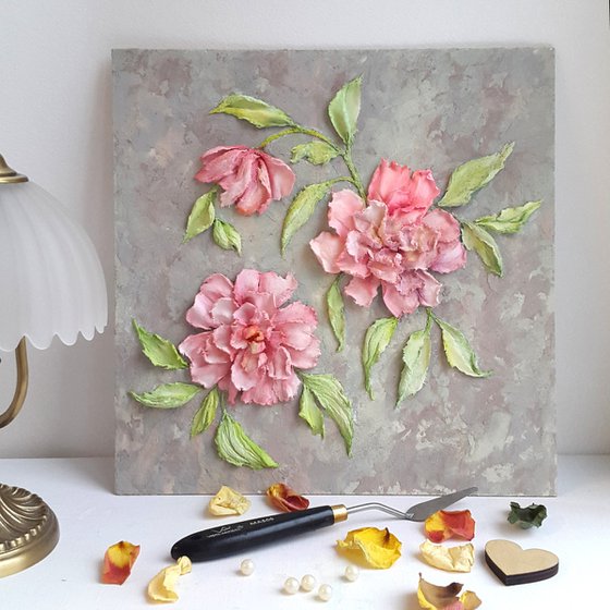 Sculpture painting, impasto floral art Pionies