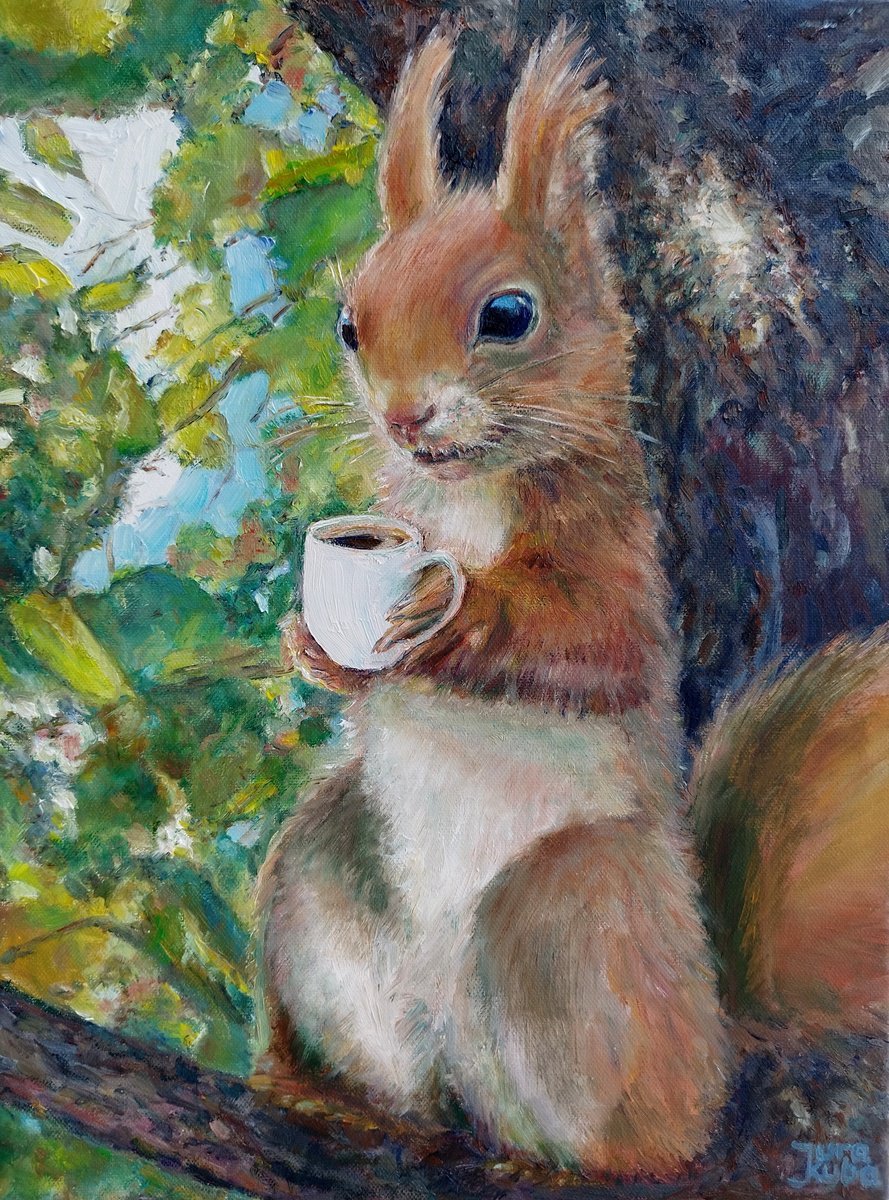 Photorealistic Animal Oil Painting By Jura Kuba Art, 12 X 16", Squirrel With A Cup Of Coffee, Original Artwork