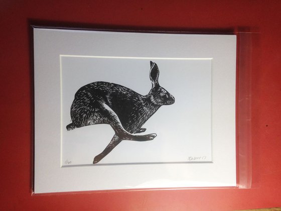 Running Hare Linocut, Printed in Dark Brown (nearer to Black), Mounted