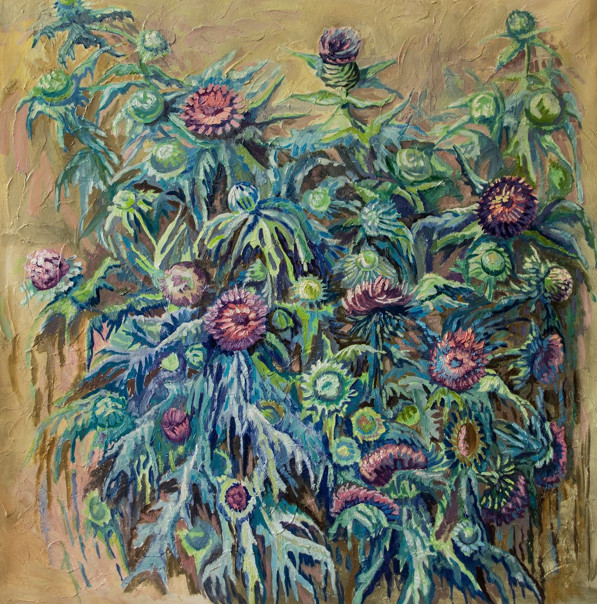 Impressionistic Landscape Oil Painting By Lilit Vardanyan, 39 X 39", Thistles, Original Artwork