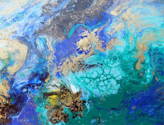 Αbstract painting art blue green gold metallic - Deep river