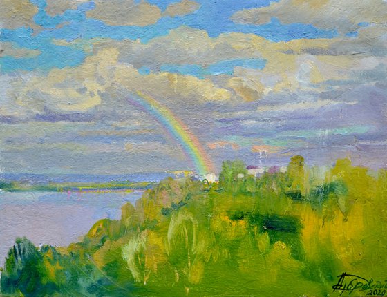Сolorful skies – Fresh oil painting with a rainbow on the sea coast