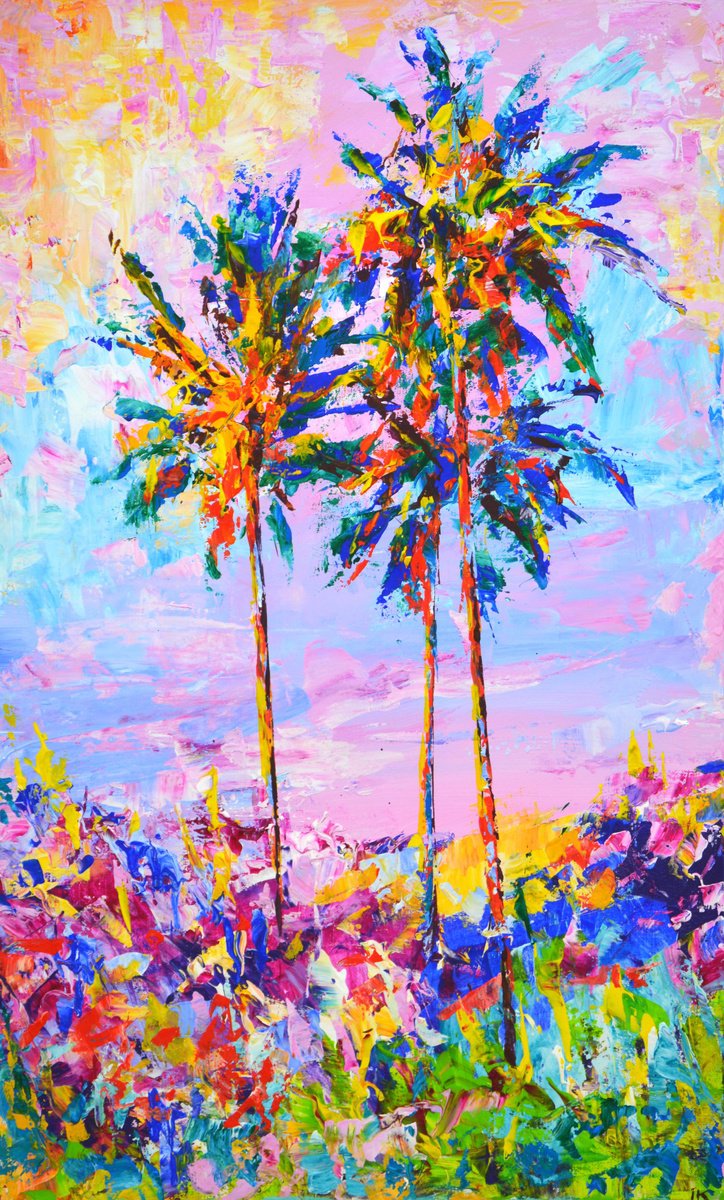 Expressive Landscape Acrylic Painting By Iryna Kastsova, 24 X 39, The Sun. Palm Trees., Original Artwork