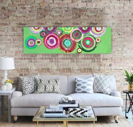 Green pink abstract paintings A103 100x120x2cm Large original abstract art circle palette knife acrylic on stretched canvas modern wall art