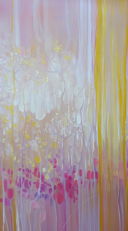 A Piece of Magic - a pink abstract painting with birds and wildflowers by Gill Bustamante