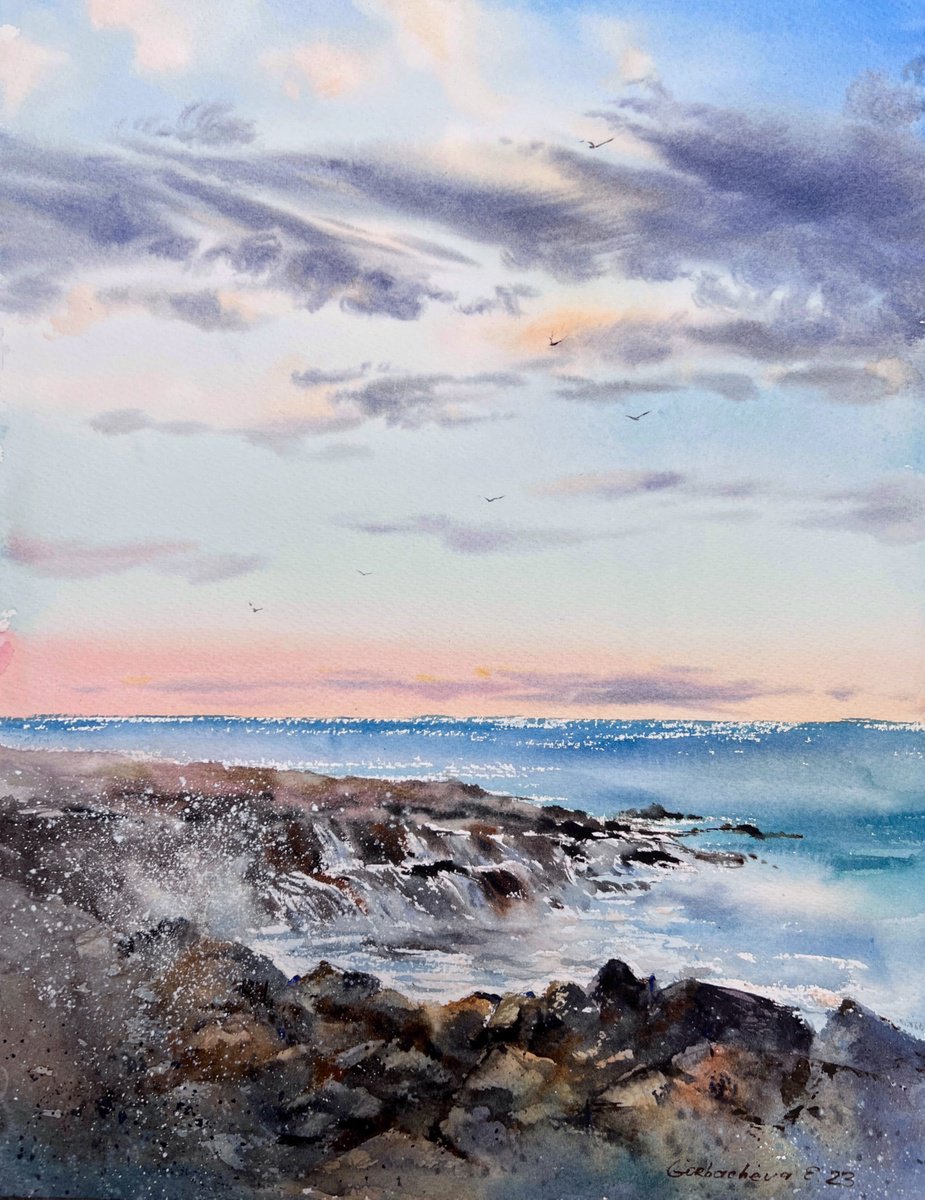Impressionistic Landscape Watercolour By Eugenia Gorbacheva, 12 X 16, Gentle Sunset On The Sea, Original Artwork