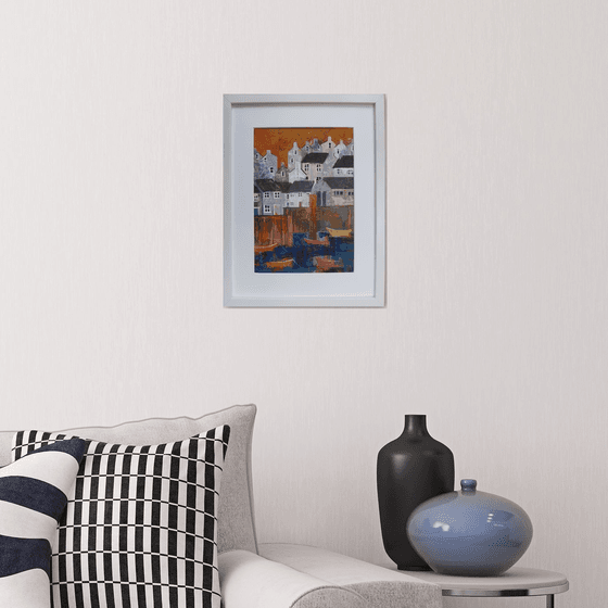 Harbour, collage with orange sky