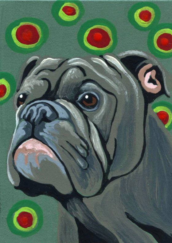 ACEO ATC Original Painting Christmas Olde English Bulldogge Pet Dog Art-Carla Smale