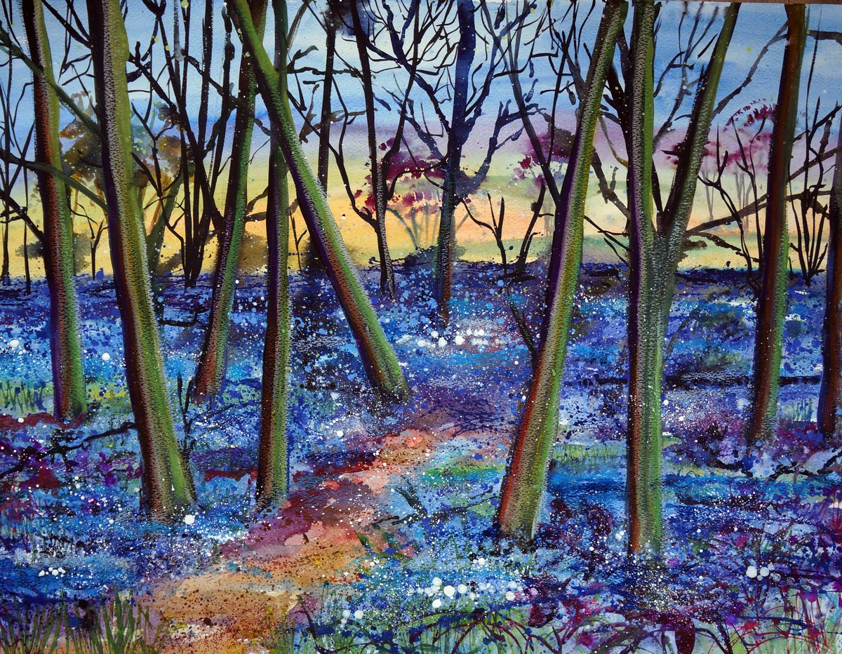 Expressive Landscape Painting By Julia Rigby, 23 X 19", Hertfordshire Bluebells, Original Artwork