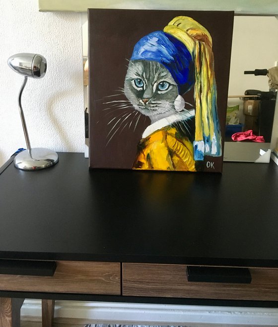 British blue Cat with the pearl earring inspired by Vermeer painting feline art for cat lovers gift idea