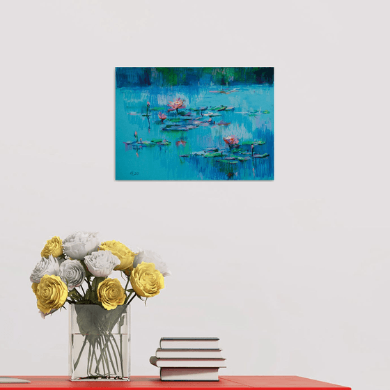 Waterlilies. Sunset. Oil pastel painting. Blue small painting water pond decor interior flowers monet impressionism