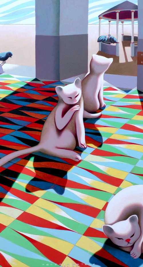 Three cats and three pigeons by Federico Cortese