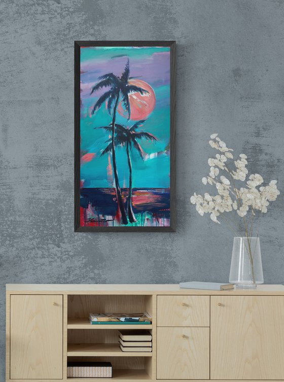 Delicate painting - "Pink moon" - Pop Art - palms and sea - night seascape - 2022