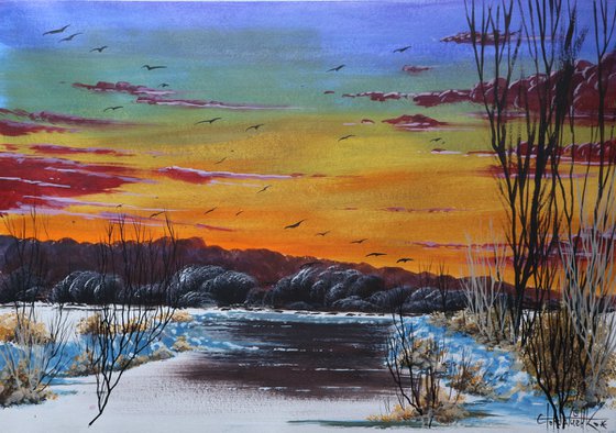 Winter lake Acrylic painting 42*60cm