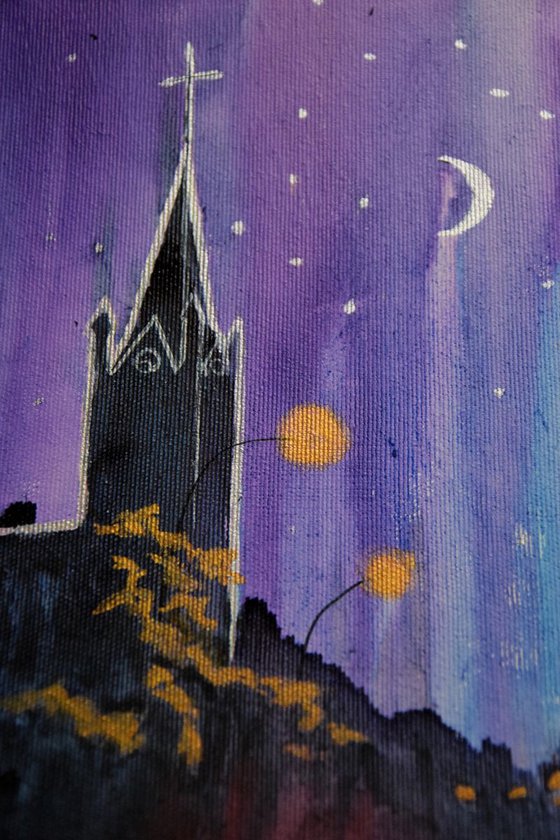 Original watercolor painting on canvas Golden and silver Slovak church in starry night