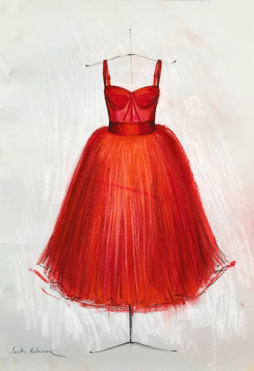 SMALL RED DRESS - Pastel drawing on paper, original gift, red, dress, princess dress, fashion, dolce, woman, black, home decor, pop art, wall art by Sasha Robinson