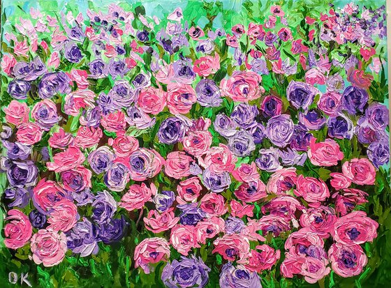 FIELD OF PURPLE PINK WHITE  ROSES  palette knife modern decor MEADOW OF FlOWERS, LANDSCAPE,  office home decor gift