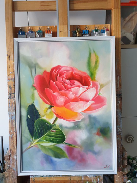 "In the morning in the garden.  "  rose red flower  liGHt original painting  GIFT (221)