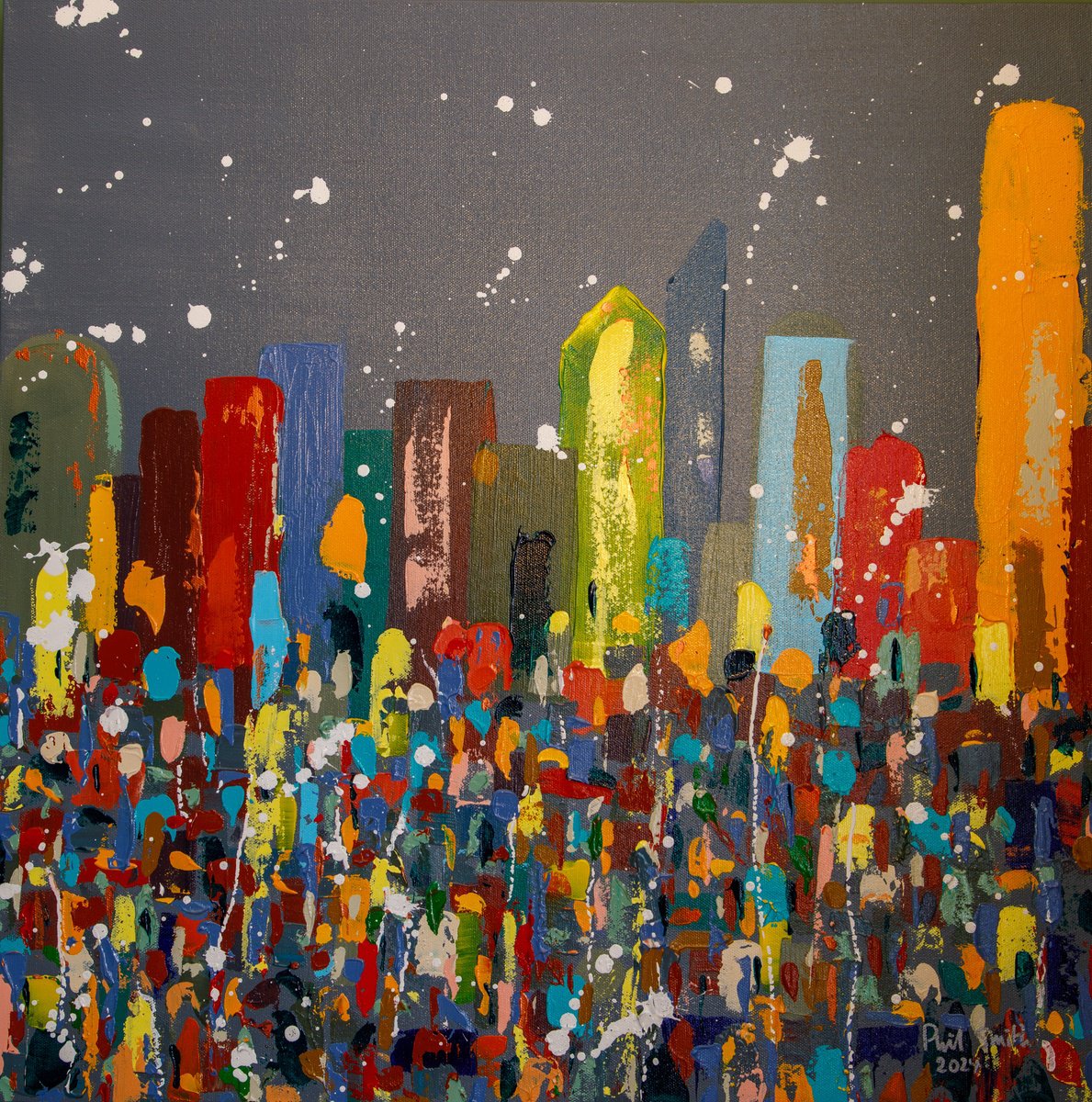 Impressionistic Cityscapes Acrylic Painting By Phil Smith, 24 X 24", Metropolis 18, Original Artwork