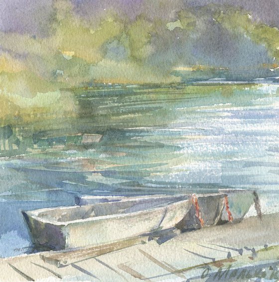 Old rowboats / River sketch Summer watercolor landscape
