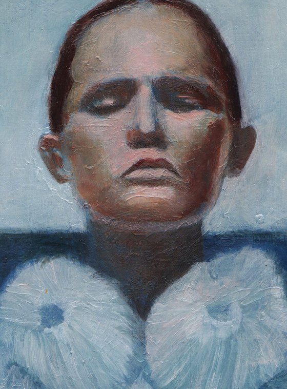 contemporary painting of fashion model in blue and white colors