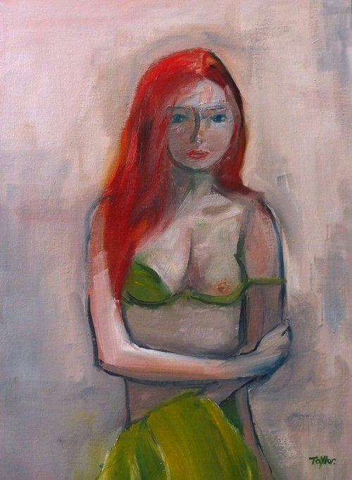 FEMALE FIGURE UNDRESSING GREEN TOP. by Tim Taylor