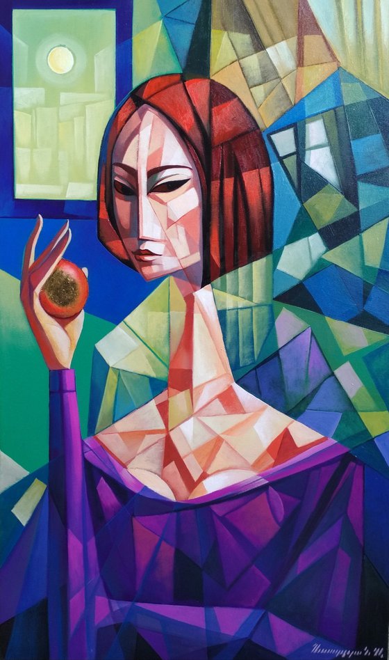 Girl with apple (60x100cm, cubism, oil painting, ready to hang)
