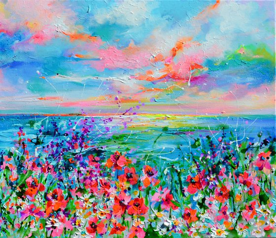 Wild Flowers and Poppies on the Seaside Cliff