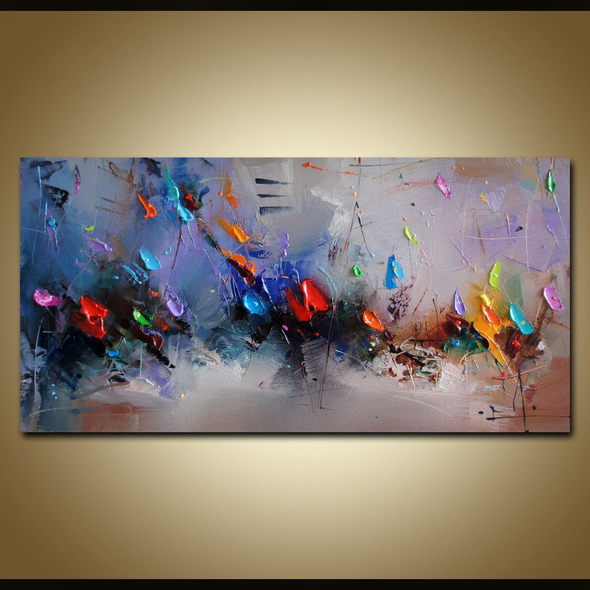 Abstract Botanical Oil Painting By Stanislav Lazarov, 20 X 10", Fresh Flowers, Original Artwork