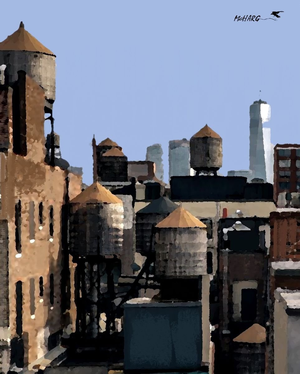 Urban And Pop Landscape Acrylic Painting By Joe Mcharg, 28 X 35, New York Rooftops, Original Artwork