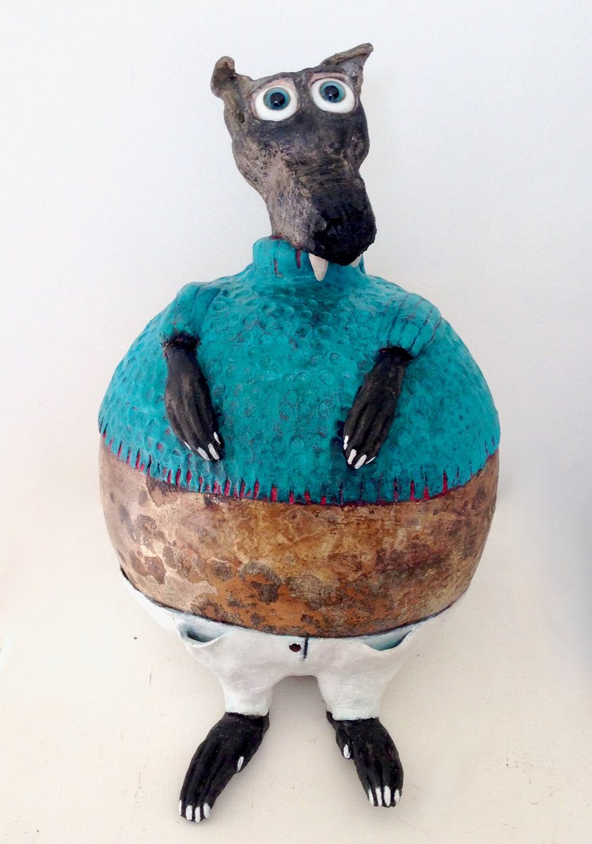 Friedrich, the little wolf with a turquoise knitwear pullover by Eleanor Gabriel