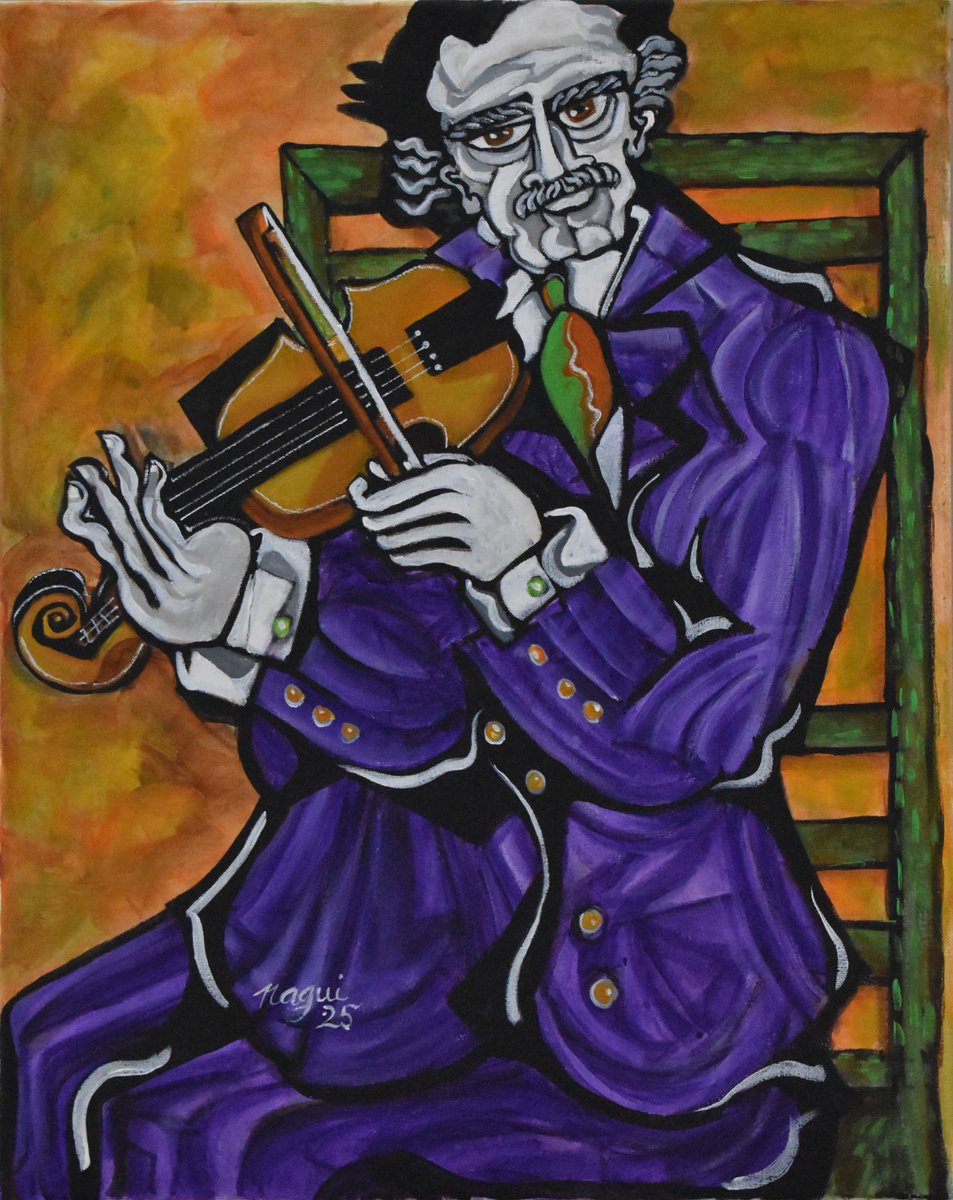 Expressive Portrait Acrylic Painting By Nagui, 16 X 20", Violin 725, Original Artwork