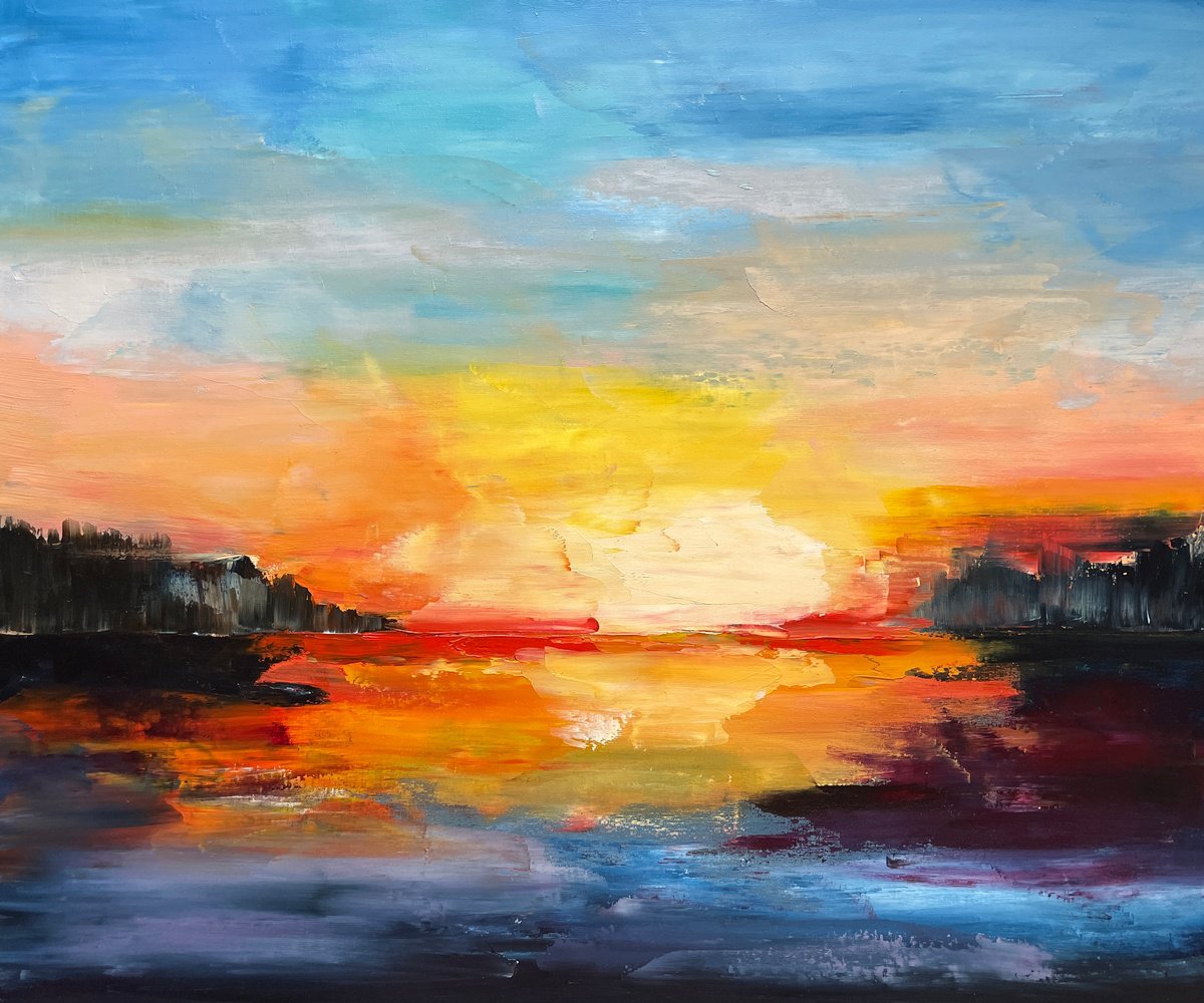 Landscape Oil Painting By Elina Zelena, 24 X 20, Lake At Sunset, Original Artwork