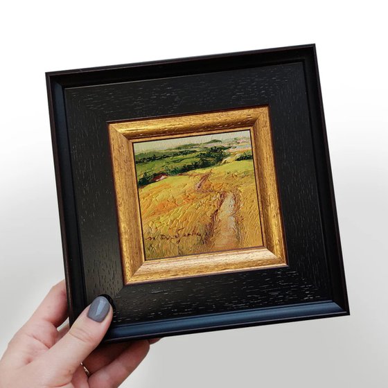 Yellow field oil painting original 4x4, Mini Landscape miniature painting original small art framed, Guest gift