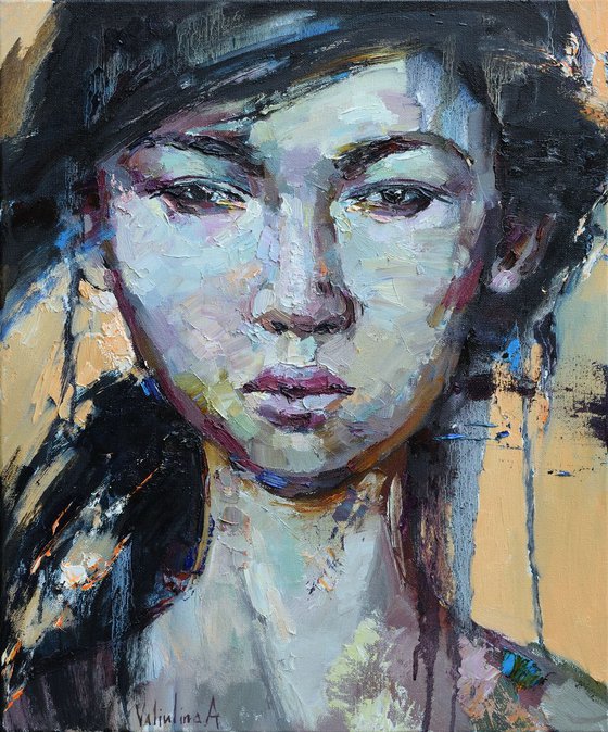 Asian girl abstract portrait painting 50 x 60 cm