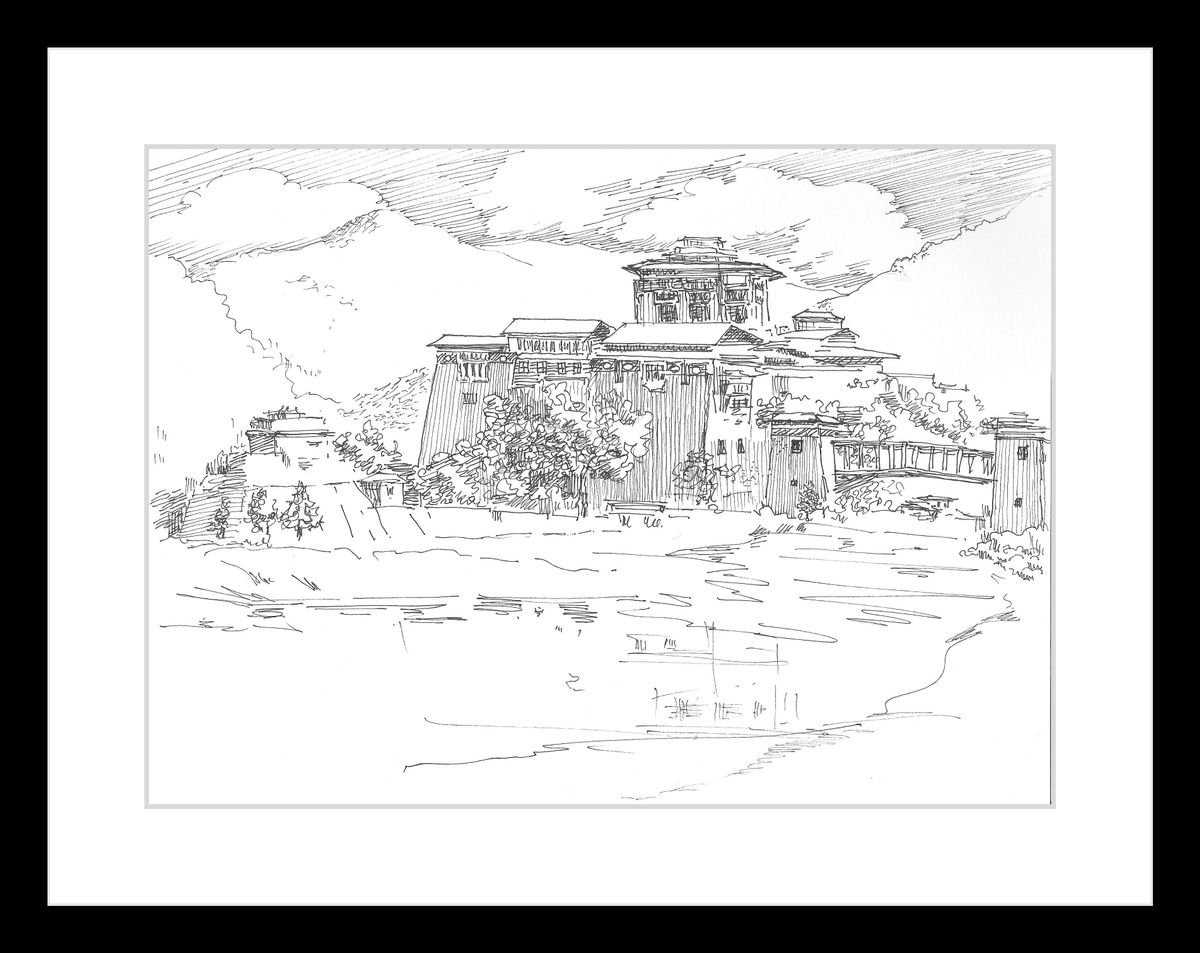 Illustrative Cityscapes Ink Drawing By Asha Shenoy, 10 X 7, Rinpung Dzong Monastery Bhutan, Original Artwork