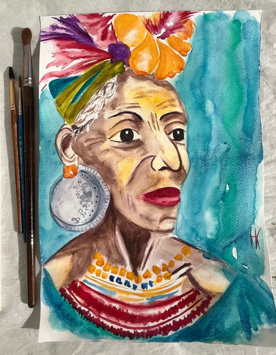 Flower Head African Woman Original Painting
