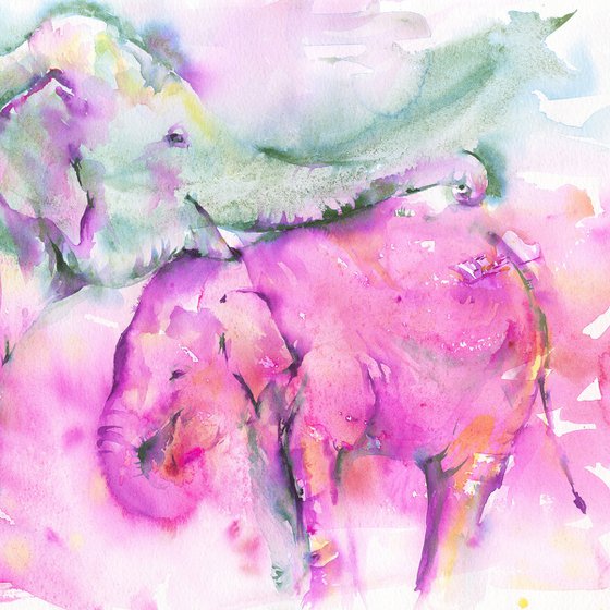 Elephant Painting, Mother and Baby, Watercolour Painting, Elephant Wall Art